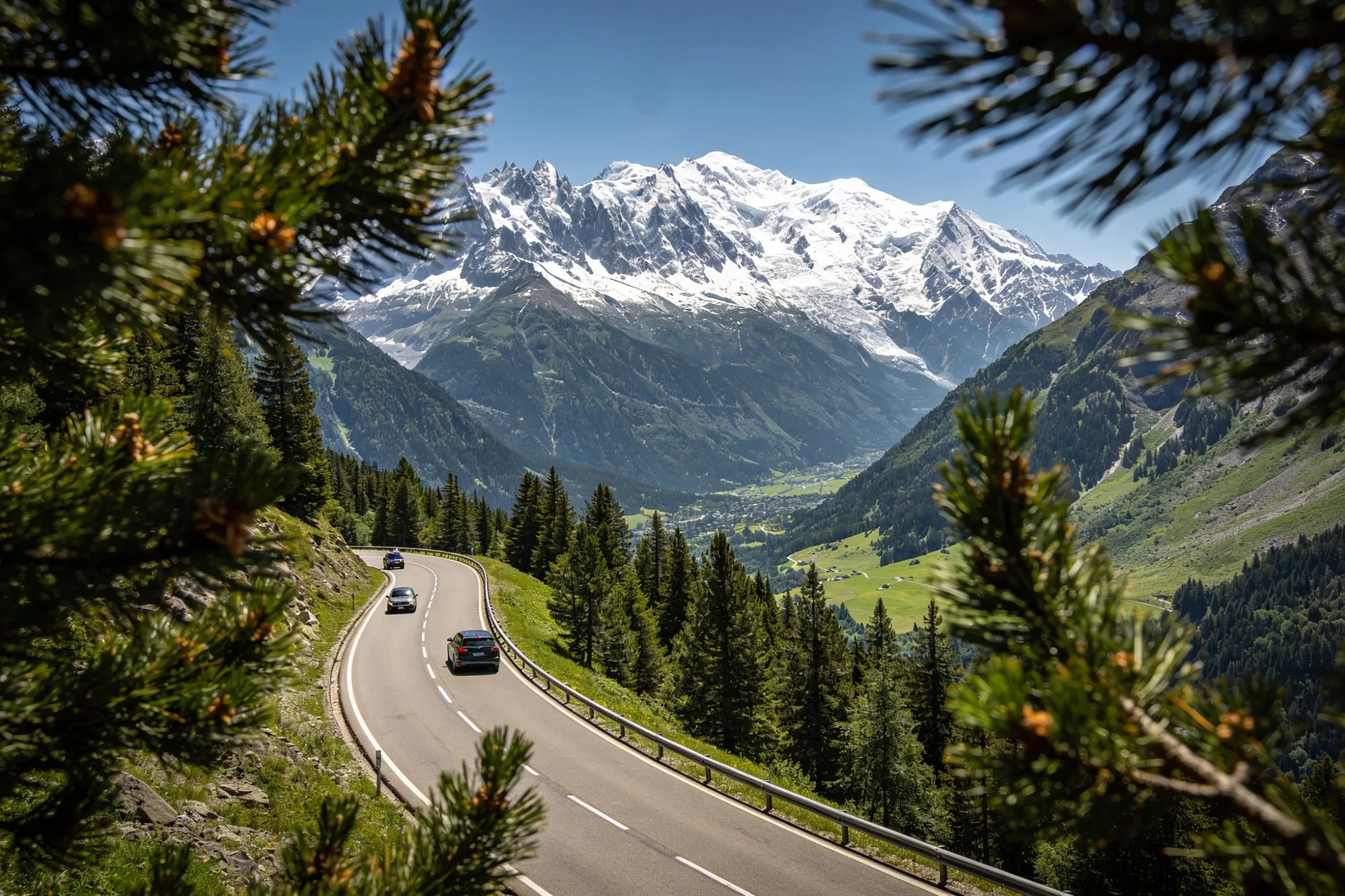 La route entre Genève et Chamonix avec le massif du Mont-Blanc